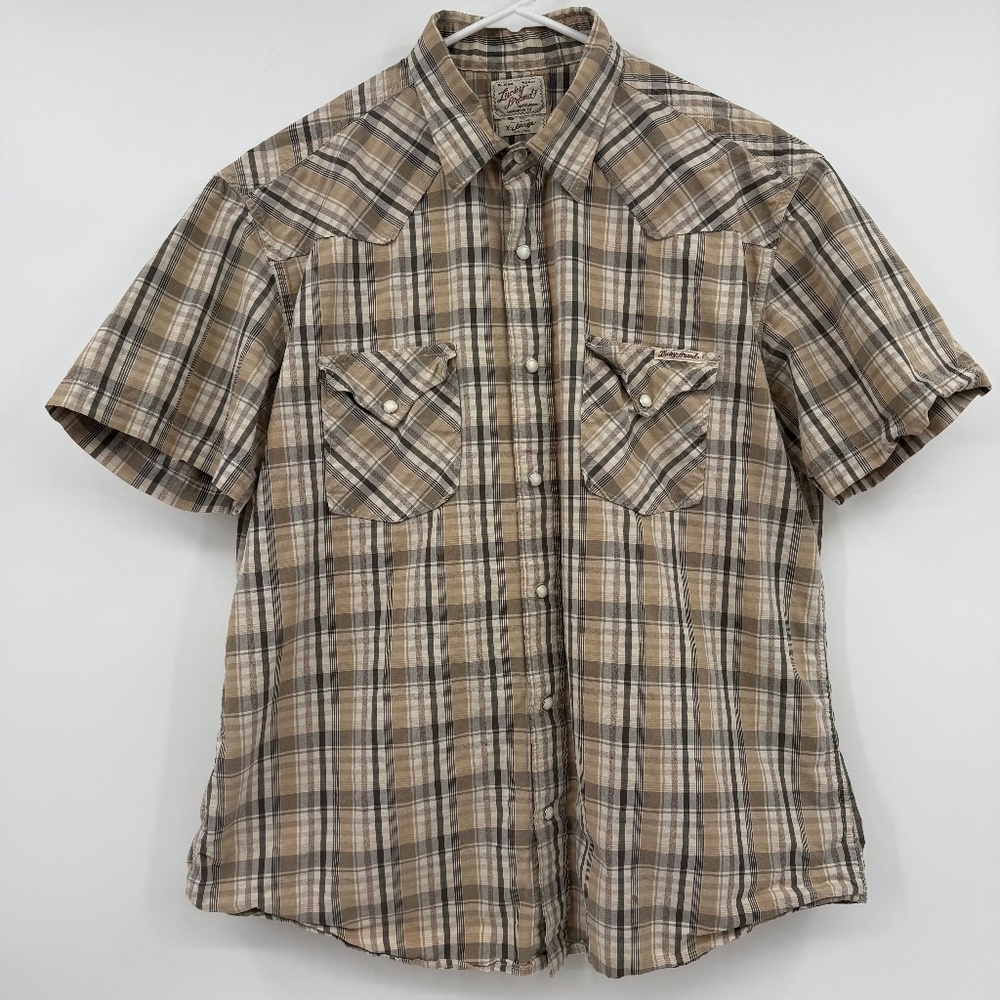 Lucky Brand Shirt Women XL Tan Plaid Western Snap Button Up Short Sleeve Cotton